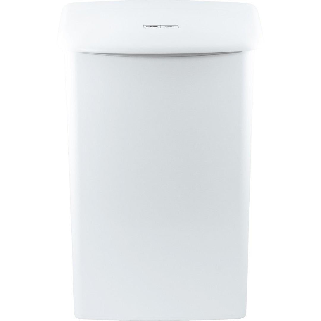 O recipiente/caixa higiênica CWS ParadiseLine Touch da CWS em branco com tampa fechada e design retangular liso oferece uma solução higiênica em estilo simples e moderno.