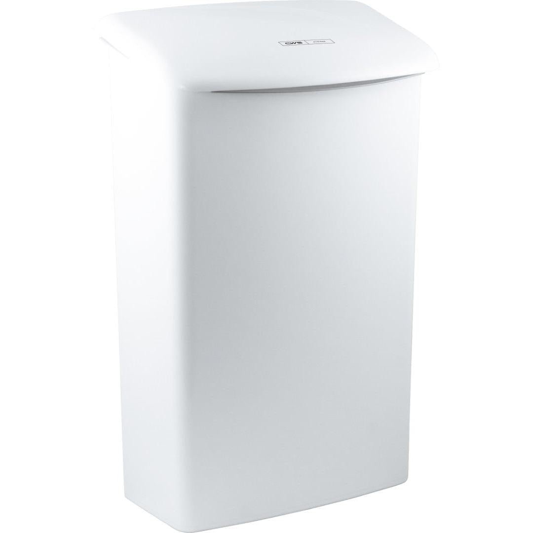 O recipiente higiênico CWS ParadiseLine Touch é um recipiente higiênico retangular, branco, montado na parede, com tampa curva e etiqueta discreta, que permite uma eliminação higiênica de resíduos em qualquer casa de banho.