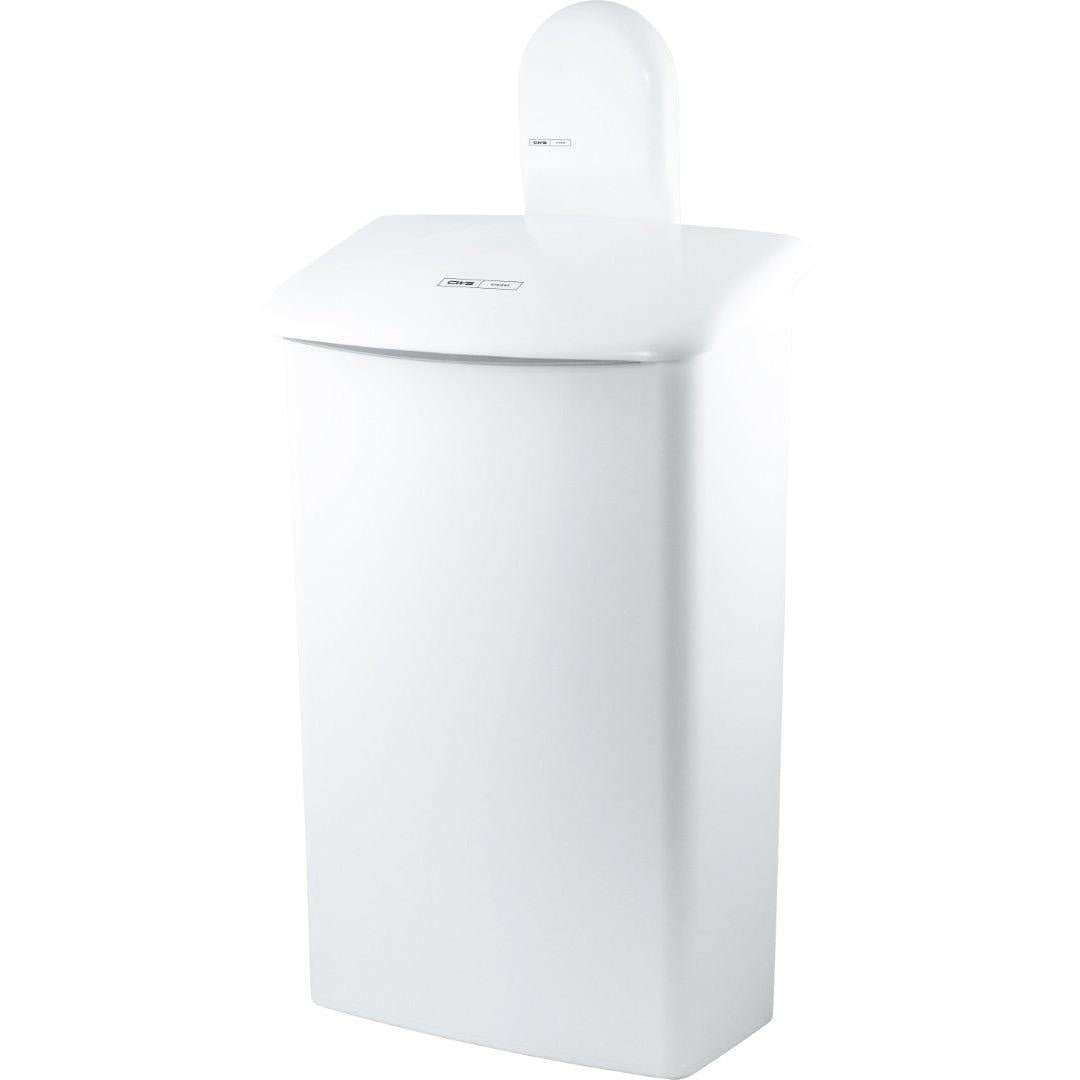 O suporte de parede CWS ParadiseLine para caixa de higiene 575000 é um recipiente de lixo de casa de banho branco, retangular, com tampa arredondada, pequeno rótulo frontal e design moderno de parede.