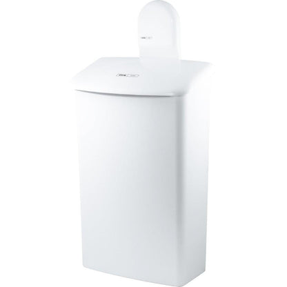 O suporte de parede CWS ParadiseLine para caixa de higiene 575000 é um recipiente de lixo de casa de banho branco, retangular, com tampa arredondada, pequeno rótulo frontal e design moderno de parede.