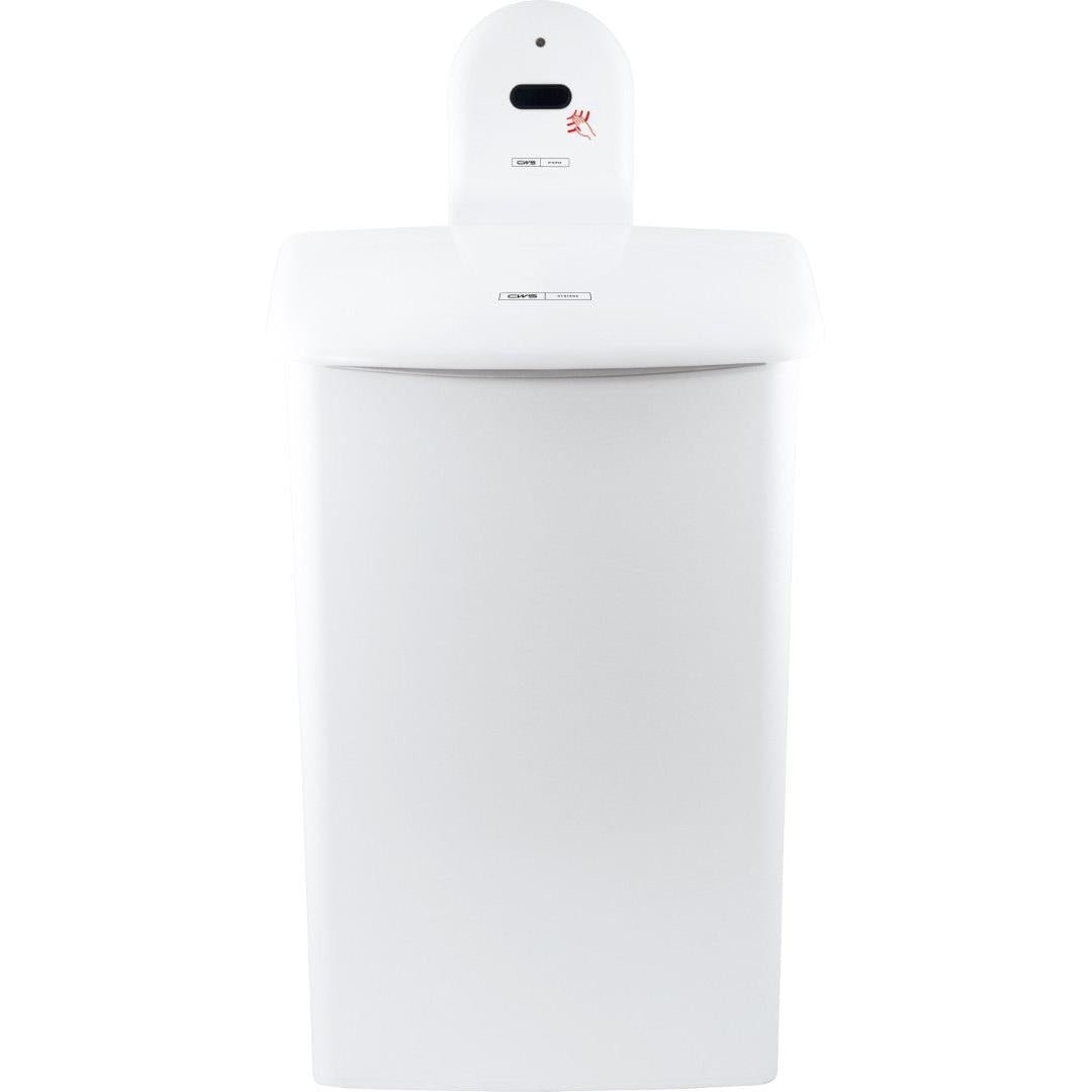 Um caixote do lixo automático branco, retangular, com área de sensor e símbolo de mão na parte superior frontal, semelhante ao suporte de parede CWS ParadiseLine para caixa de higiene 575000 da CWS. A sua tampa está fechada e a sua superfície é lisa e limpa.