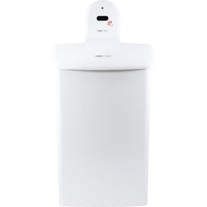 Um caixote do lixo automático branco, retangular, com área de sensor e símbolo de mão na parte superior frontal, semelhante ao suporte de parede CWS ParadiseLine para caixa de higiene 575000 da CWS. A sua tampa está fechada e a sua superfície é lisa e limpa.