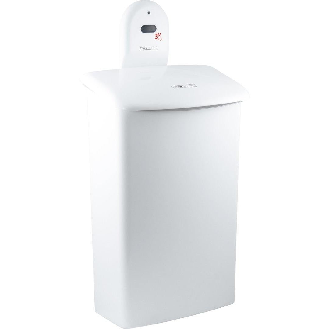 O suporte de parede CWS ParadiseLine para caixa de higiene 575000 é um caixote do lixo branco, retangular, sem contacto, com tampa arredondada e sensor automático sobre a abertura, que dispõe de um pequeno ecrã preto e uma luz de controlo vermelha.