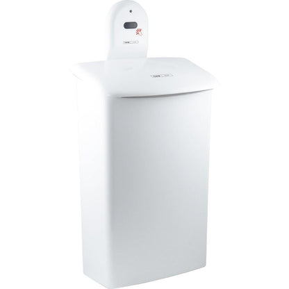 O suporte de parede CWS ParadiseLine para caixa de higiene 575000 é um caixote do lixo branco, retangular, sem contacto, com tampa arredondada e sensor automático sobre a abertura, que dispõe de um pequeno ecrã preto e uma luz de controlo vermelha.