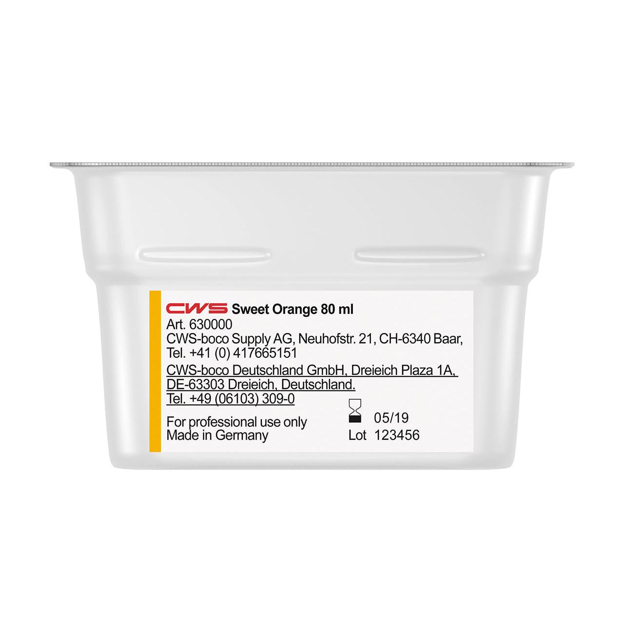 Um recipiente de plástico retangular de 80 ml com a inscrição "CWS ParadiseLine Fragrância para Casa de Banho para Dispensador de Fragrâncias Paradise Air Bar" da CWS, com os dados de contato da empresa, informações do fabricante e instruções de uso em letras pretas sobre fundo branco.