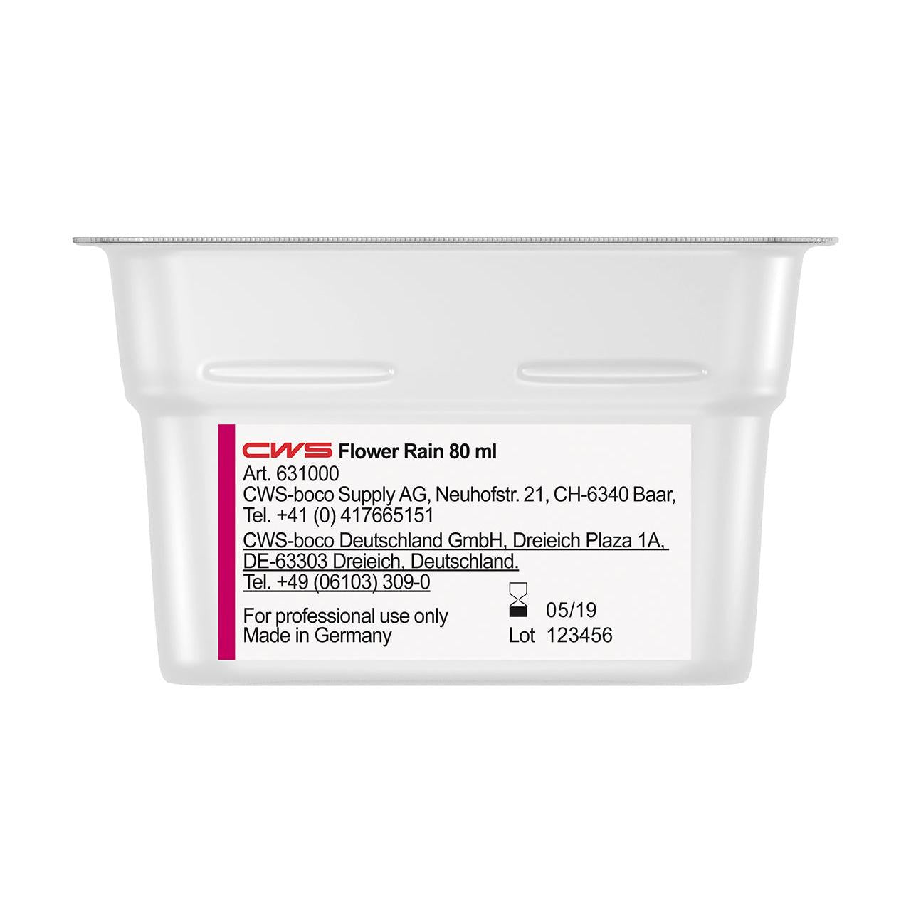 Uma fragrância de casa de banho CWS ParadiseLine de 80 ml para dispensador de fragrâncias Paradise Air Bar com a inscrição "CWS Flower Rain" com informações de produto, empresa e contato, bem como instruções de uso. Fabricado na Alemanha. Válido: 05/19. Lote: 123456. Ideal como fragrância de casa de banho.