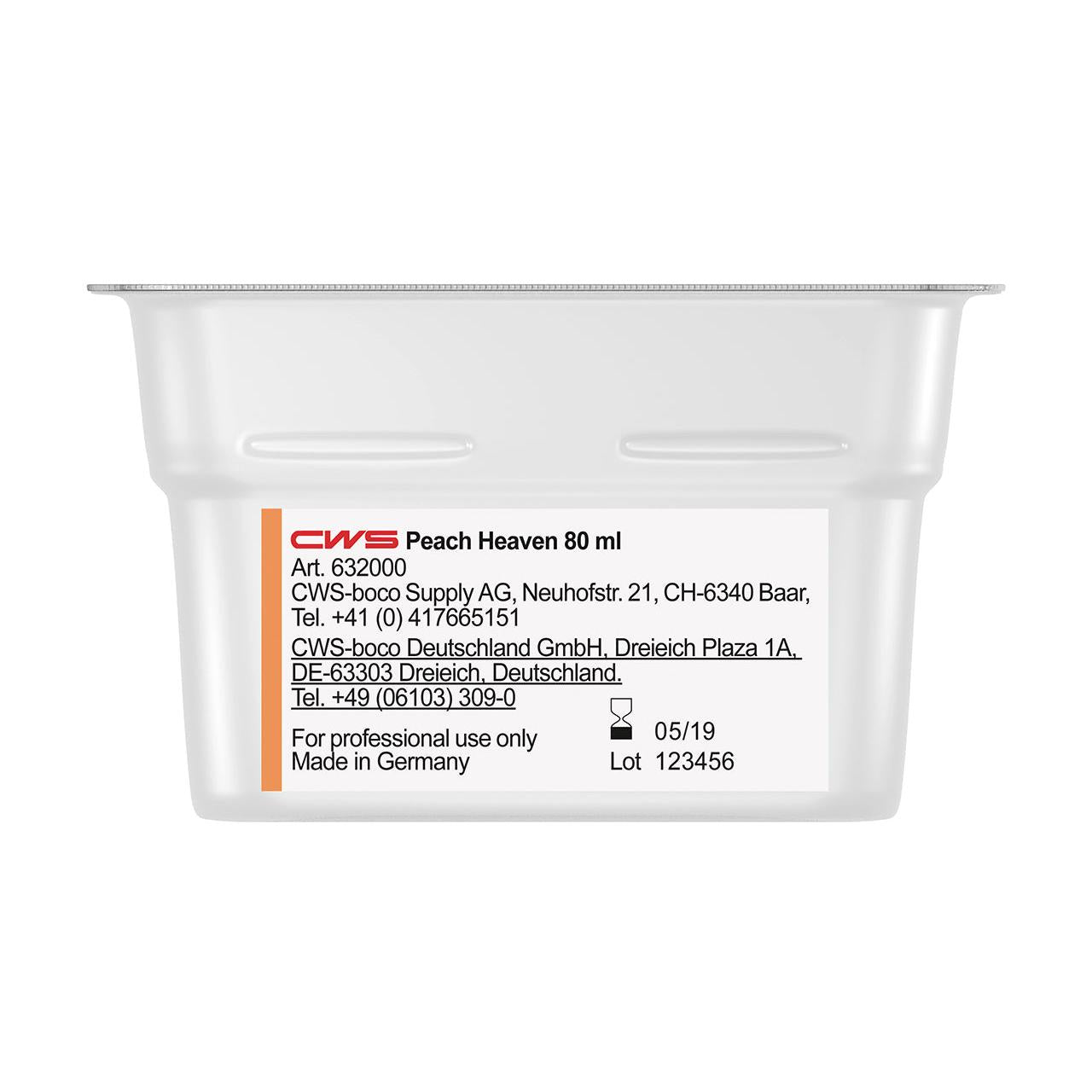 Uma imagem aproximada de um recipiente branco CWS ParadiseLine Fragrância para Casa de Banho para o Dispensador de Fragrâncias Paradise Air Bar, rotulado com informações do produto, dados da empresa, "Fabricado na Alemanha" e uma tampa transparente. Adequado para sistemas de fragrância de casa de banho.
