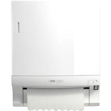 O painel frontal CWS para dispensador de toalhas de papel em rolo Paperroll é um dispositivo branco montado na parede com rolo de toalha de papel visível e design retangular liso - ideal para a otimização de casas de banho.
