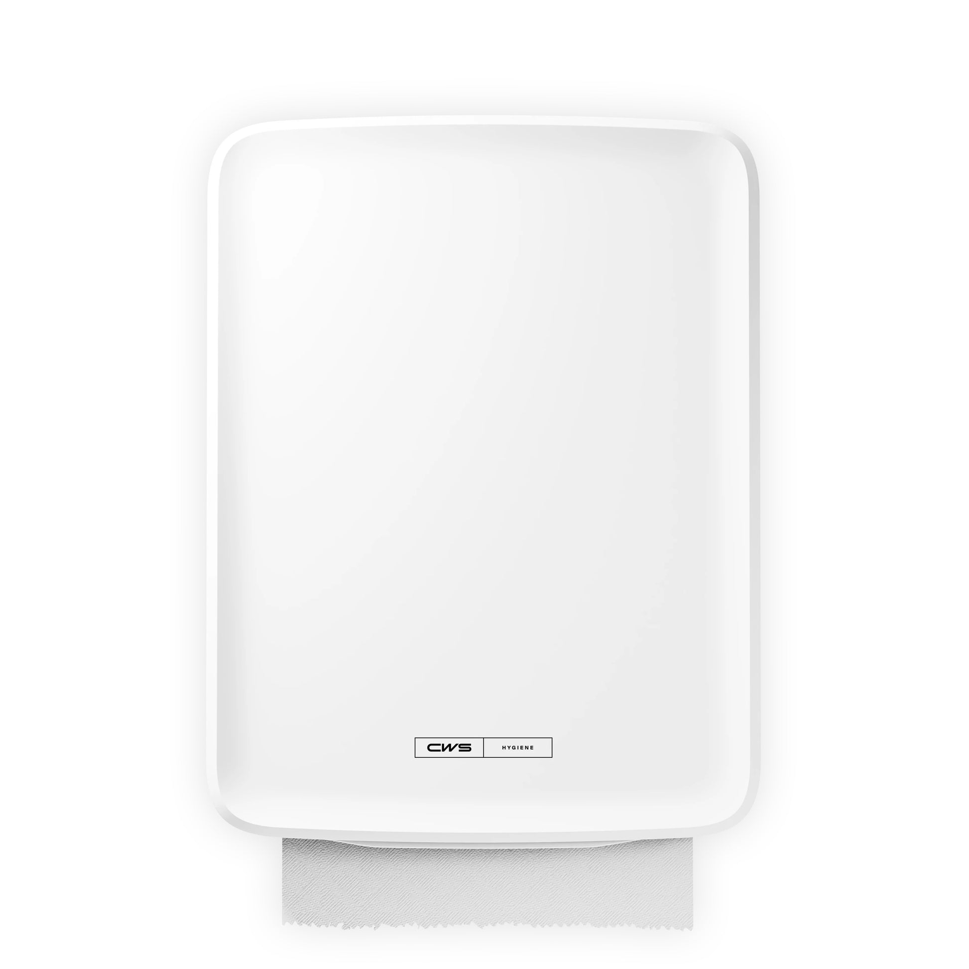 Ein weißer, an der Wand montierter CWS PureLine Paperroll NT Hybrid-Spender mit einem darunter hängenden, sichtbaren Papierhandtuchblatt. Auf der Vorderseite befinden sich ein kleines "CWS"-Etikett und Produktangaben. Verkauft in einer Packung mit 1 Stück.
