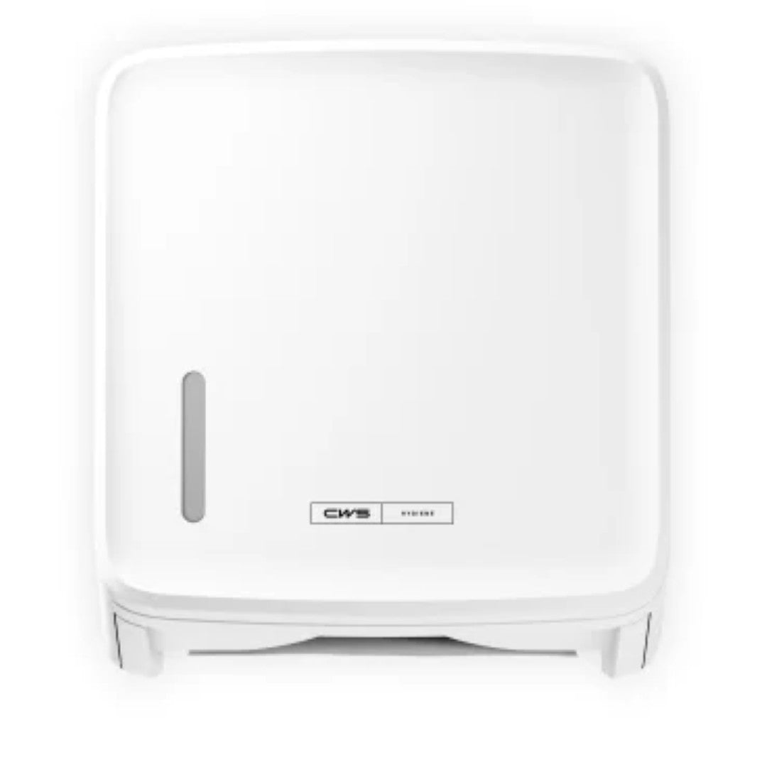 O dispensador de papel dobrável CWS PureLine (1 peça) da CWS é um dispensador branco montado na parede com design retangular, pequena janela vertical no lado esquerdo e logotipo da CWS na frente para armazenamento higiênico de papel.