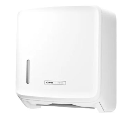 O dispensador de papel dobrável CWS PureLine | Embalagem (1 peça) da CWS é um dispensador branco montado na parede com janela frontal e ranhura inferior, que garante armazenamento higiênico e aparência moderna.