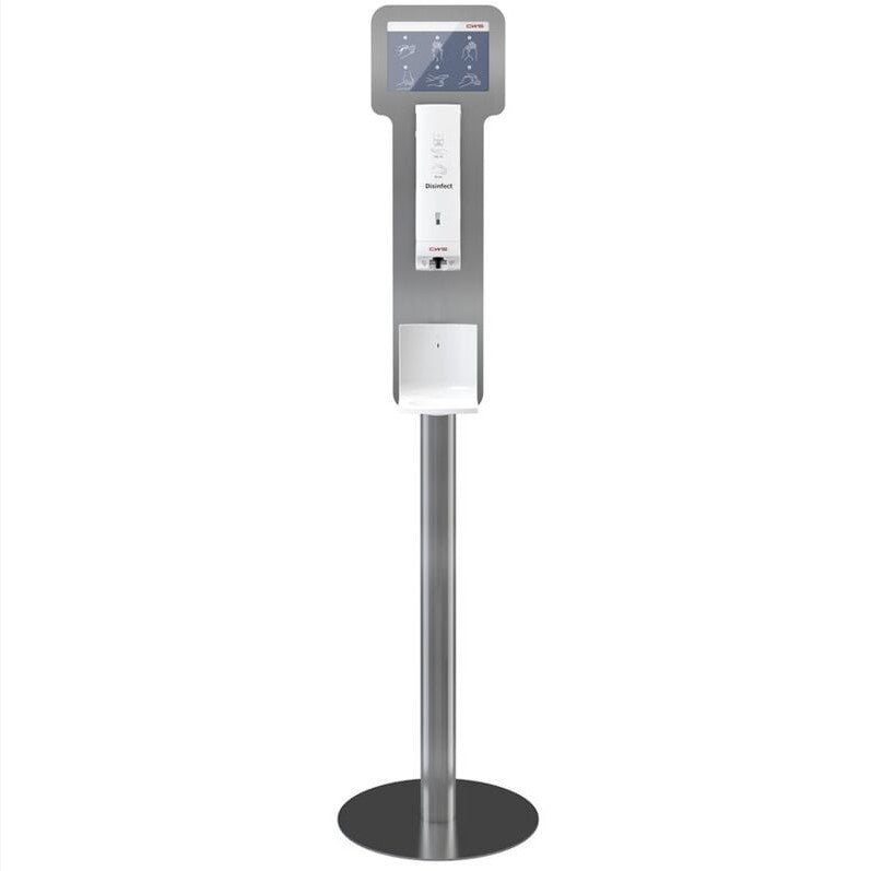 Uma bandeja de gotejamento independente CWS ParadiseLine, compatível com Disinfect NT, serve como uma bandeja de gotejamento abaixo da estação de dispensador de desinfetante com tela sensível ao toque e base de metal redonda para um ambiente higiênico.