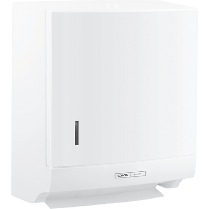 O dispensador de toalhas de papel dobradas CWS ParadiseLine Paper Slim em branco com botão de pressão oferece extração de papel higiénica montada na parede e possui um design fino, bem como um painel para controlo de nível de enchimento.