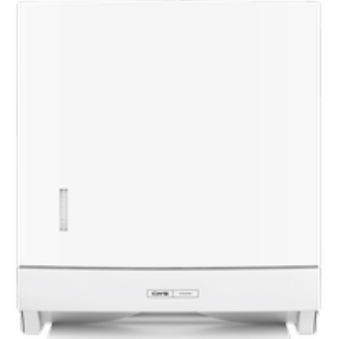 Vista frontal do dispensador de toalhas de papel dobradas CWS ParadiseLine Paper Slim em branco com design moderno, uma pequena pega vertical no lado esquerdo, um painel de controlo com botão de pressão no centro inferior e foco na operação higiénica.