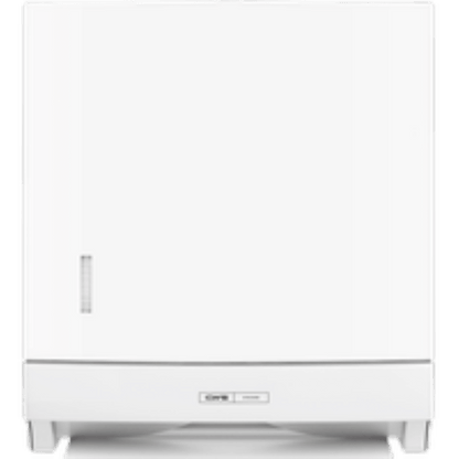 Vista frontal do dispensador de toalhas de papel dobradas CWS ParadiseLine Paper Slim em branco com design moderno, uma pequena pega vertical no lado esquerdo, um painel de controlo com botão de pressão no centro inferior e foco na operação higiénica.