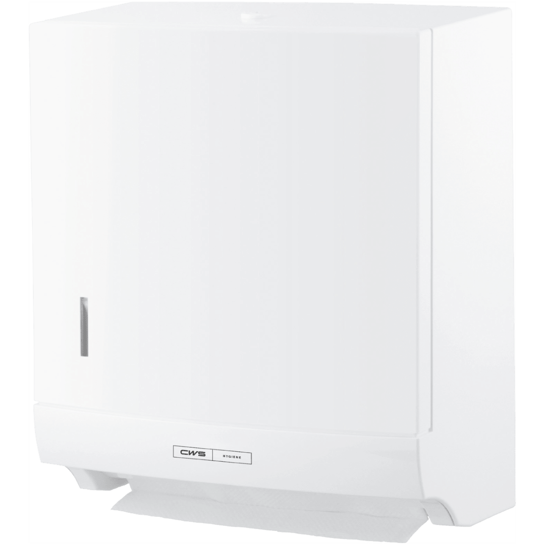 O dispensador de toalhas de papel dobradas CWS ParadiseLine Paper Slim, branco, com botão de pressão, convence pelo seu design fino e retangular. O logótipo CWS é visível na frente e uma folha de papel sobressai na parte inferior para uma operação higiénica.