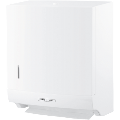 O dispensador de toalhas de papel dobradas CWS ParadiseLine Paper Slim, branco, com botão de pressão, convence pelo seu design fino e retangular. O logótipo CWS é visível na frente e uma folha de papel sobressai na parte inferior para uma operação higiénica.