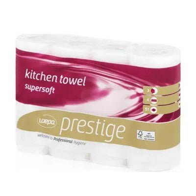 Uma embalagem de rolos de cozinha CWS Prestige de 3 camadas, branco brilhante, contém 8 pacotes de rolos de cozinha brancos, supermacios e fáceis de limpar, com design castanho e dourado com a marca "welcome Professional Hygiene".