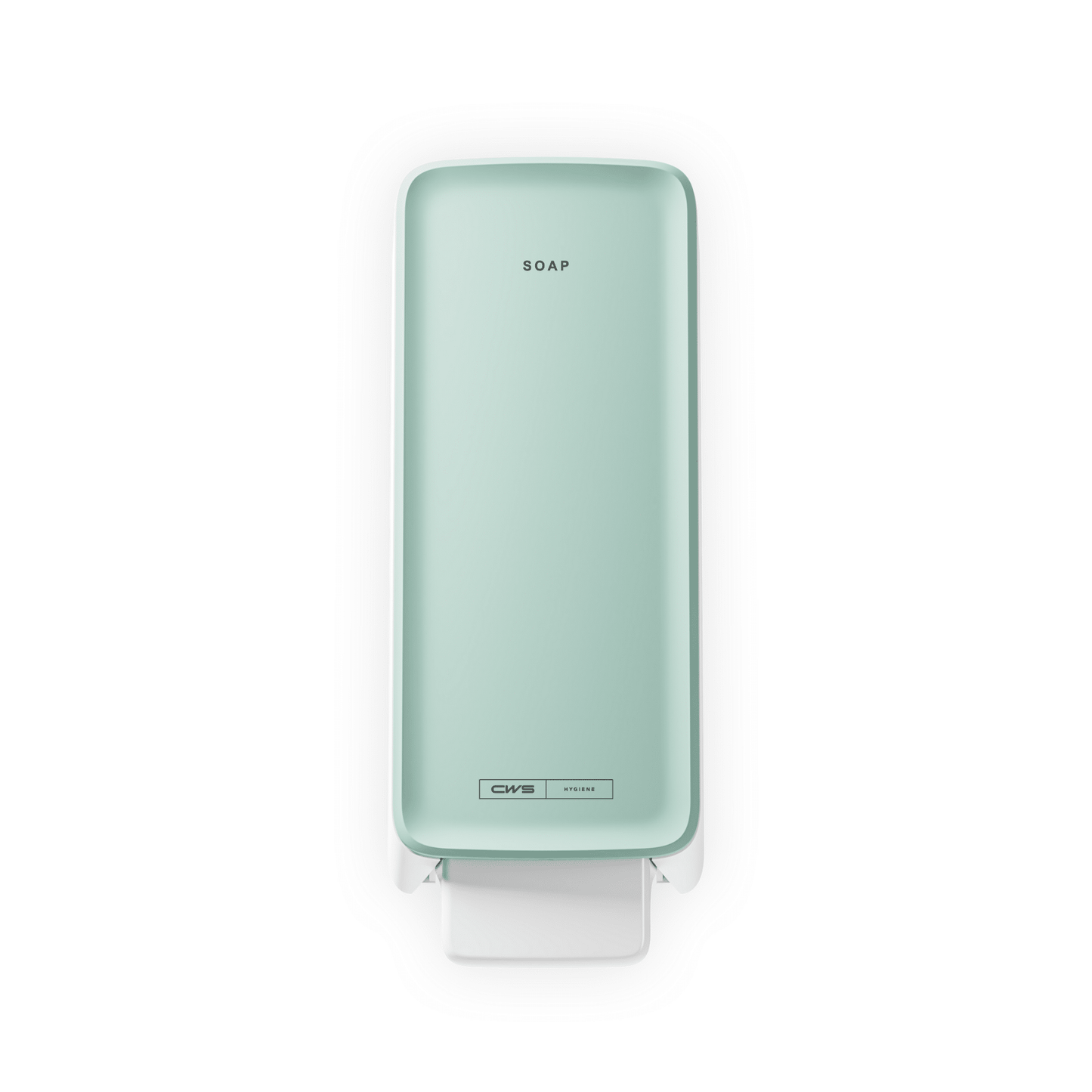 Um dispensador de sabão CWS PureLine Cream mint da CWS com a inscrição "SOAP" no topo e uma alavanca de pressão branca, visto de cima sobre fundo branco - ideal para qualquer lavabo.