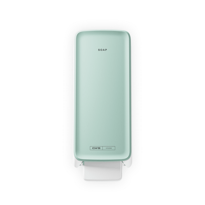 Um dispensador de sabão CWS PureLine Cream mint da CWS com a inscrição "SOAP" no topo e uma alavanca de pressão branca, visto de cima sobre fundo branco - ideal para qualquer lavabo.
