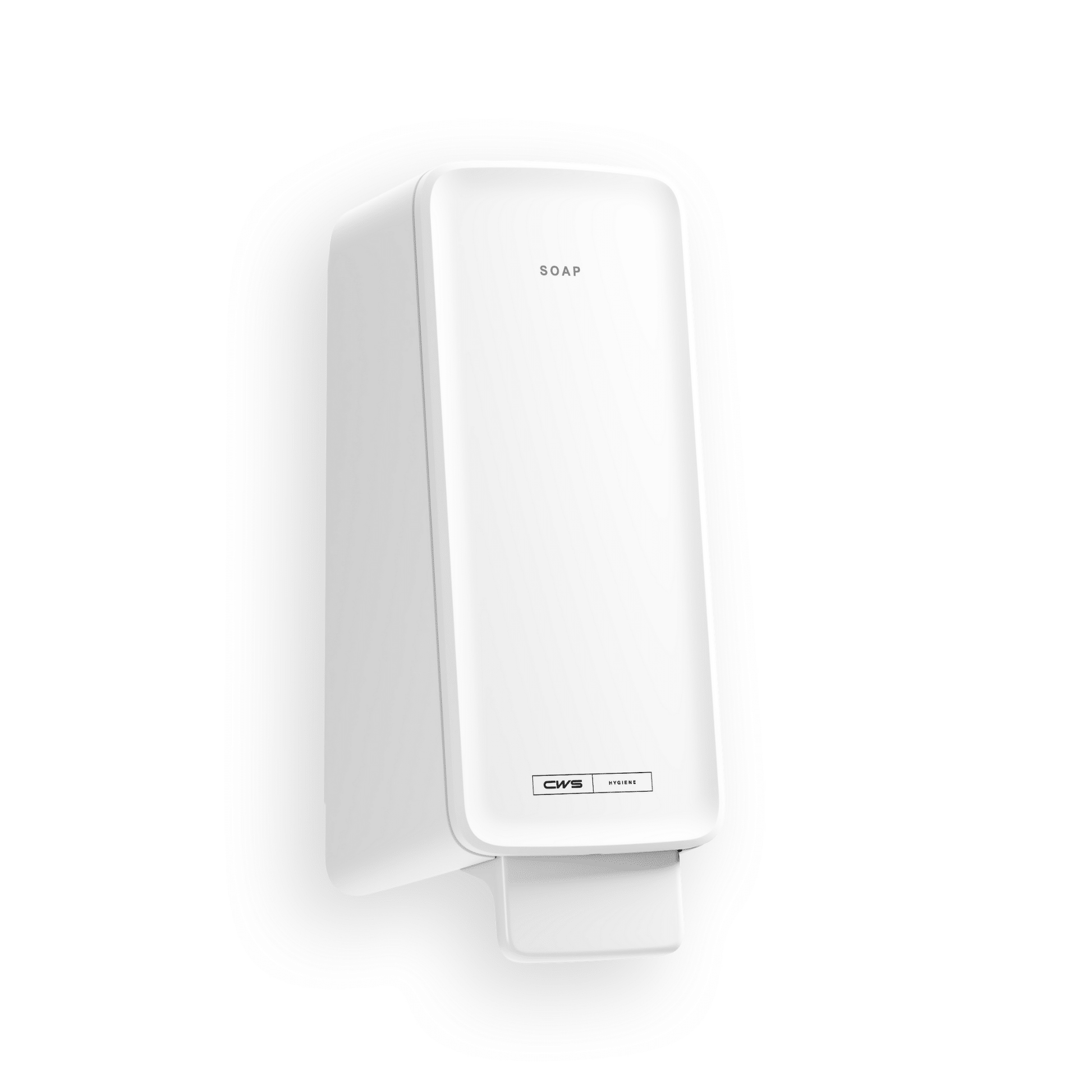 Ein weißer, rechteckiger CWS PureLine Foam Seifenspender von CWS wird mit einem Druckhebel unten, dem Aufdruck "SOAP" oben und einem Etikett in der Nähe des Sockels an der Wand befestigt - perfekt für jeden Waschraum mit einem schlichten weißen Hintergrund.