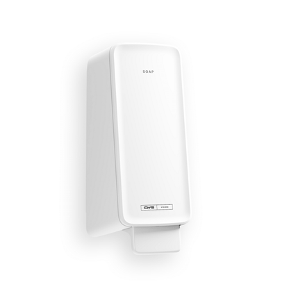 Ein weißer, rechteckiger CWS PureLine Foam Seifenspender von CWS wird mit einem Druckhebel unten, dem Aufdruck "SOAP" oben und einem Etikett in der Nähe des Sockels an der Wand befestigt - perfekt für jeden Waschraum mit einem schlichten weißen Hintergrund.