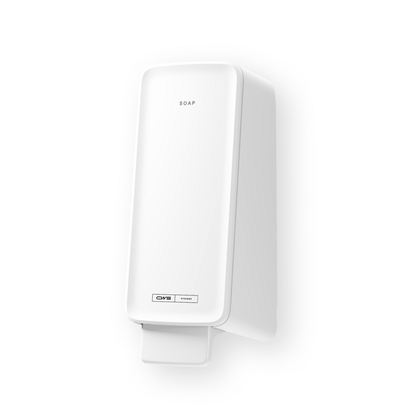 O dispensador de sabão CWS PureLine Cream da CWS é um dispensador de sabão retangular, branco, montado na parede para lavabos, com a inscrição "SOAP" no topo e uma alavanca de pressão na parte inferior. Certificado com o rótulo ecológico da UE.