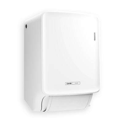 O dispensador de toalhas de tecido CWS PureLine Dry branco da CWS é um dispensador de parede branco com uma cobertura frontal, uma pequena abertura visível e um rolo de toalha visível na parte inferior, promovendo a higiene. Com logotipo e etiqueta na parte frontal. Embalagem: 1 peça.