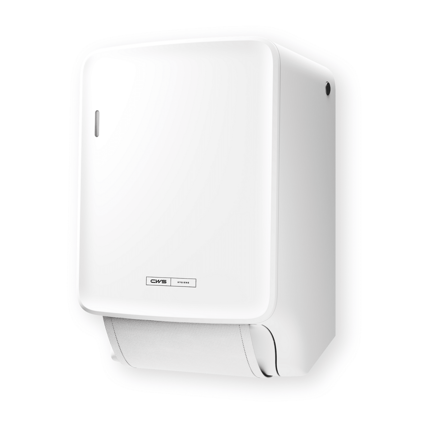 O dispensador de toalhas de tecido CWS PureLine Dry branco da CWS é um dispensador de toalhas de parede branco com design simples e minimalista e folha de toalha visível - ideal para promover a higiene em qualquer ambiente.