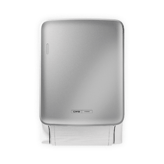 O CWS PureLine Dry da CWS é um dispensador prateado, montado na parede, com um pequeno logótipo junto à base. Dispensar folhas individuais de toalhas de papel brancas e promove a higiene graças ao seu design simples e sustentável, num fundo discreto.