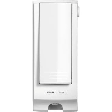 O painel frontal CWS para Paradise Seatcleaner é um dispensador branco, retangular, montado na parede com alavanca de pressão e pequena abertura de dispensação, desenvolvido para higiene sanitária e ideal para uso com produtos Paradise Seatcleaner.