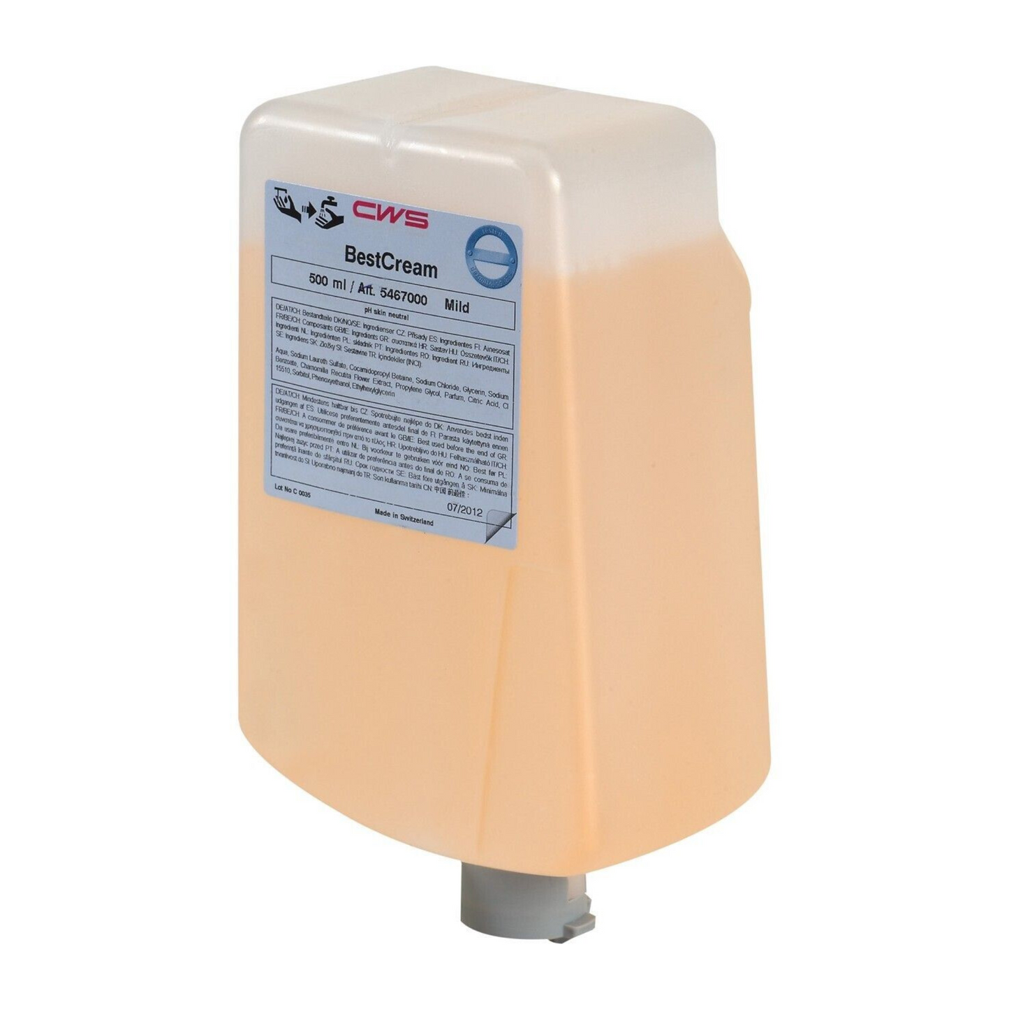 O creme de sabão CWS BestCream Mild é fornecido em uma embalagem de recarga de 500 ml para fácil recarga, com um bico dosador prático na parte inferior e um rótulo claro para instruções e detalhes do produto.