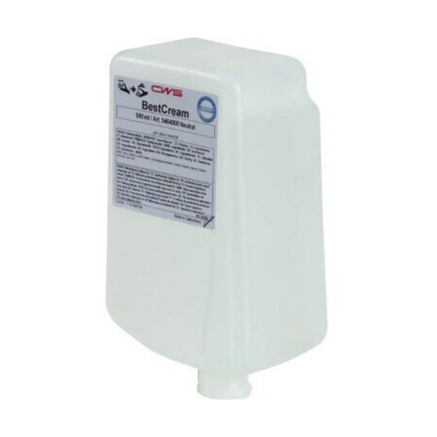 Frasco branco retangular de 500 ml CWS Creme de Sabão BestCream Neutro Refil Sabão com rótulo frontal e bico inferior, destinado à distribuição de creme ou loção.