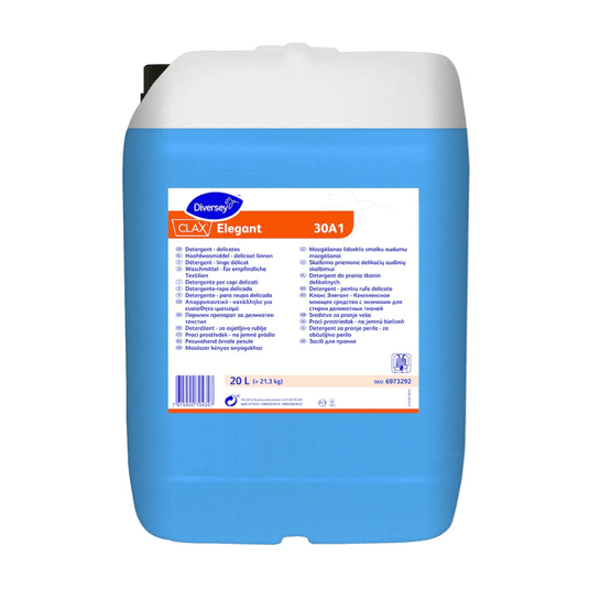 O bidão azul e branco com a inscrição «Clax Elegant 30A1», da Diversey Deutschland GmbH & Co. OHG, é um detergente líquido enzimático destinado a lavandarias industriais, adequado para têxteis delicados. O recipiente de 20 litros contém informações detalhadas sobre o produto, instruções de utilização e um código de barras na parte inferior.