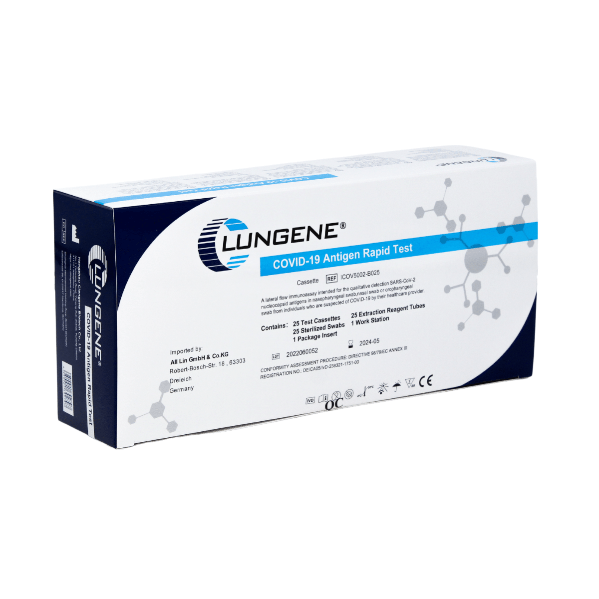 Uma caixa de Clungene Antigen Schnelltest 25 peças AT079/20 isolada em um fundo branco, com informações do produto e logotipos.
