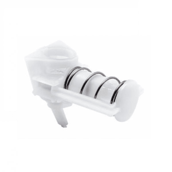 Uma válvula branca com mola feita de plástico e metal com dois anéis O, uma peça de reposição para a bomba de líquido de 1ml para dispensadores a granel (Diversey Deutschland GmbH & Co. OHG), padrão em dispensadores a granel Soft Care, apresentada sobre um fundo branco simples.