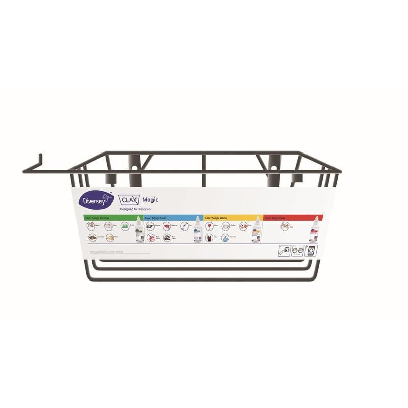 O suporte de parede Clax Magic Wall Rack da Diversey Deutschland GmbH & Co. OHG oferece uma solução de armazenamento que economiza espaço para removedores de manchas.