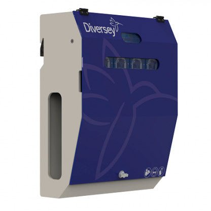 A unidade principal DF5M (IOC) da Diversey Alemanha é um sistema de dosagem inteligente montado na parede com painel frontal azul, slot de janela e símbolos - ideal para lavanderias internas (máx. 4 máquinas/produtos).