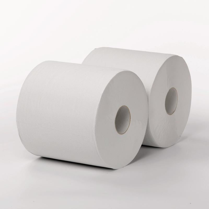 Duas rolos de pano Maxi 2 camadas brancas 555m da Diversey Deutschland GmbH & Co. OHG com 1460 folhas cada (38 x 25 cm) estão lado a lado em uma superfície branca simples com fundo branco.