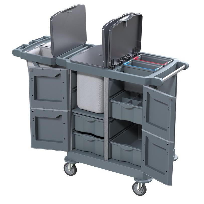 O DI PROTECT TROLLEY GROSS da Diversey Deutschland GmbH & Co. OHG é um carrinho grande e fechado (1 peça) com várias prateleiras, dois recipientes com tampa, parte central do saco e quatro rodas para mobilidade segura nas tarefas diárias de limpeza.