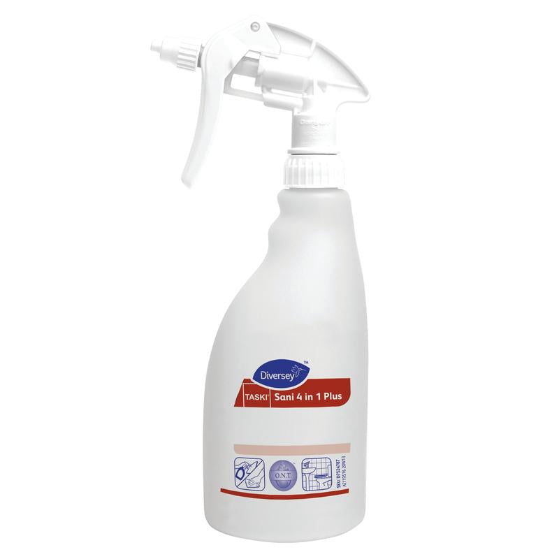 A garrafa spray de gatilho branca de 500 ml "Sani 4 in 1 Plus" da Diversey Deutschland GmbH & Co. OHG com dispensador de espuma, design azul e vermelho, símbolos para limpeza e desinfecção e está disponível como garrafa de recarga (1 peça).