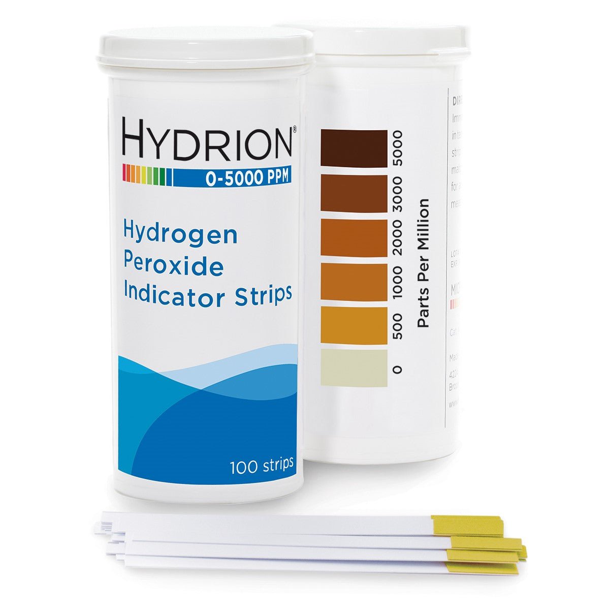 Dois recipientes cilíndricos de tiras de teste AHP da Diversey Deutschland GmbH & Co. OHG mostram um rótulo e um cartão de cores de 0-5000 ppm. Na frente, há várias tiras indicadoras, ideais para testar a solução Oxivir (caixa com 6 pacotes).