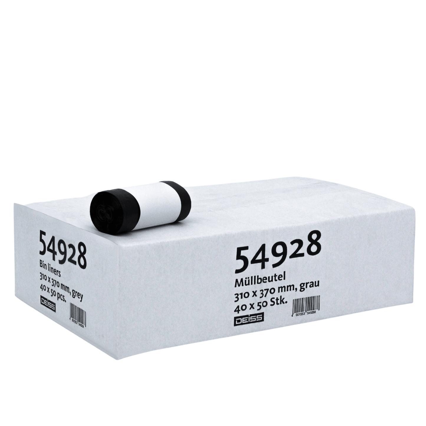 Auf einem Karton mit grauen Müllbeuteln der Marke EMIL DEISS KG (GmbH + Co.) mit Rolle oben sind die Produktdetails beschriftet: „6 Liter reißfest mit 10–20 % Regeneratanteil, 310 x 370 mm, grau, 40 x 50 Stk.“ und „30 x 39“, „30 Stk.“ in schwarzer Schrift.