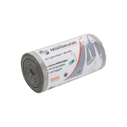 É ilustrado um rolo de sacos de lixo DEISS First Plus Pcr de 30 litros, 34044 com alças e a inscrição "Müllbeutel". Estes sacos oferecidos por EMIL DEISS KG (GmbH + Co.) são feitos de LDPE e têm uma capacidade de 30 litros. Destacam-se pela alta resistência ao rasgo e medem 500 x 600 + 160 mm. Oferecem durabilidade e conforto para o uso diário.
