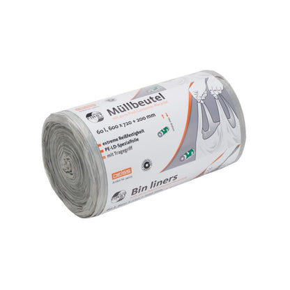 Um rolo de sacos de lixo DEISS First Plus Pcr de 60 litros, 34045, com alça de transporte da EMIL DEISS KG (GmbH + Co.) destaca as dimensões e a natureza neutra em carbono em escrita alemã. O rótulo com um símbolo de caixote do lixo contém texto em inglês e alemão. Estes sacos de lixo parcialmente desenrolados contêm um teor de PCR de 40% e são destinados a utilizadores conscientes do meio ambiente.