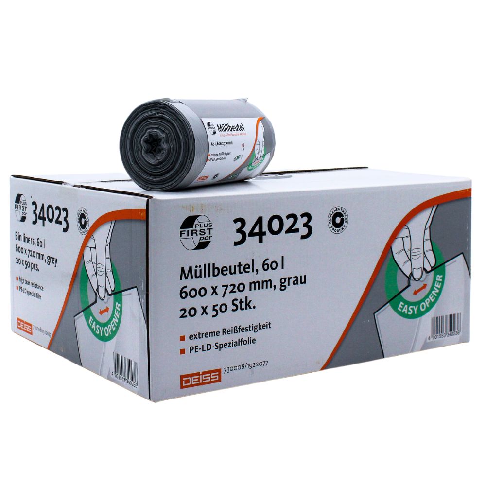 Os sacos de lixo DEISS First Plus Pcr de 60 litros (34042) da EMIL DEISS KG (GmbH + Co.) são rolos cinza de LDPE com capacidade de 60 litros e dimensões de 600 x 720 mm. Cada caixa contém 20 pacotes com 50 sacos cada. A embalagem neutra em carbono possui um design "Easy Opener" e destaca-se pela extrema resistência ao rasgo.