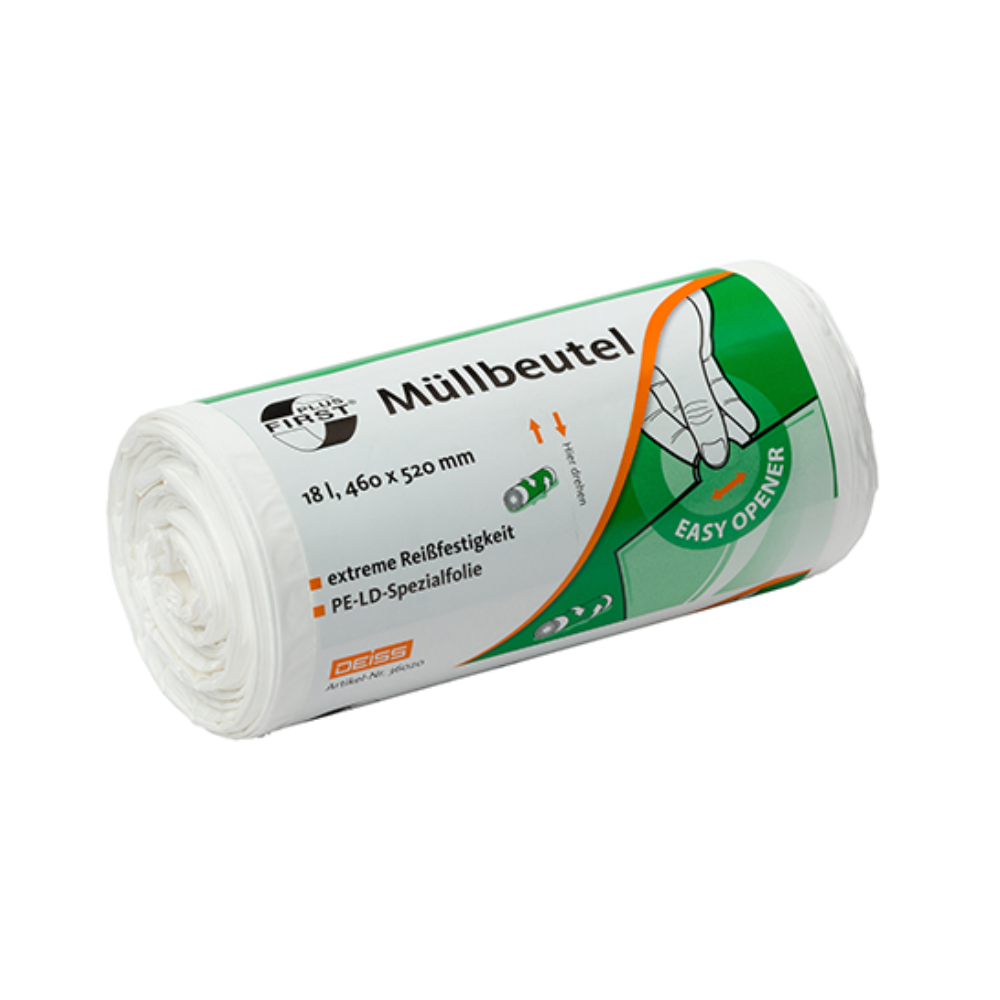Um pacote enrolado de sacos de lixo brancos com uma etiqueta verde e branca com texto em alemão. A etiqueta destaca características como "extremamente resistente ao rasgo" (resistente a perfurações e rasgos) e "Easy Opener". Este é o saco de lixo DEISS First Plus® de 18 litros, feito de LDPE premium, com dimensões de 460 x 520 mm, da EMIL DEISS KG (GmbH + Co.).