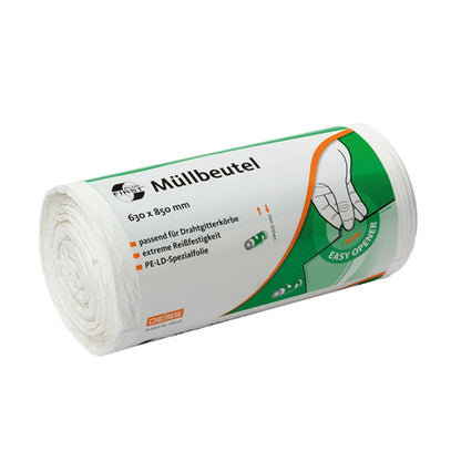 Um rolo de sacos de lixo DEISS First Plus® de 80 litros, fabricado por EMIL DEISS KG (GmbH + Co.), com rotulagem verde-laranja. A embalagem Premium-LDPE tem as dimensões 630 x 850 mm e destaca características como "resistência extrema ao rasgo" e "abertura fácil".