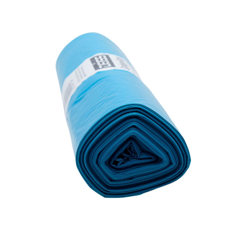 Um saco de lixo azul enrolado do tipo DEISS Sacos de Lixo 120 Litros Tipo 60, fabricado pela EMIL DEISS KG (GmbH + Co.) de LDPE reciclado resistente a rasgos, possui uma etiqueta branca enrolada no meio contra um fundo impecavelmente branco.