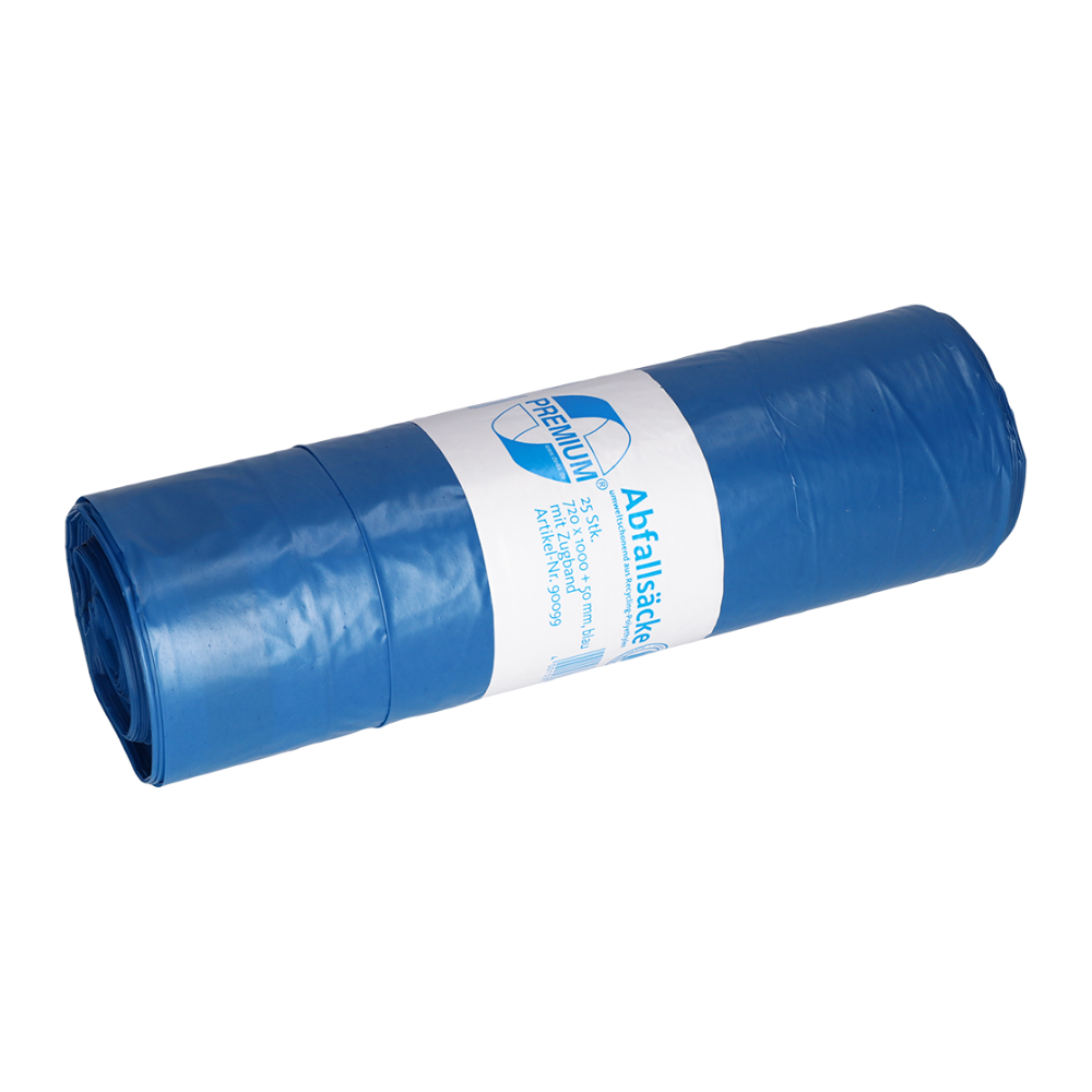 Um saco de lixo DEISS PREMIUM® Tipo 80 enrolado com fita de puxar da EMIL DEISS KG (GmbH + Co.) feito de material reciclado, com uma etiqueta branca com texto e gráfico, destacando sua impressionante resistência à perfuração e ao rasgo.